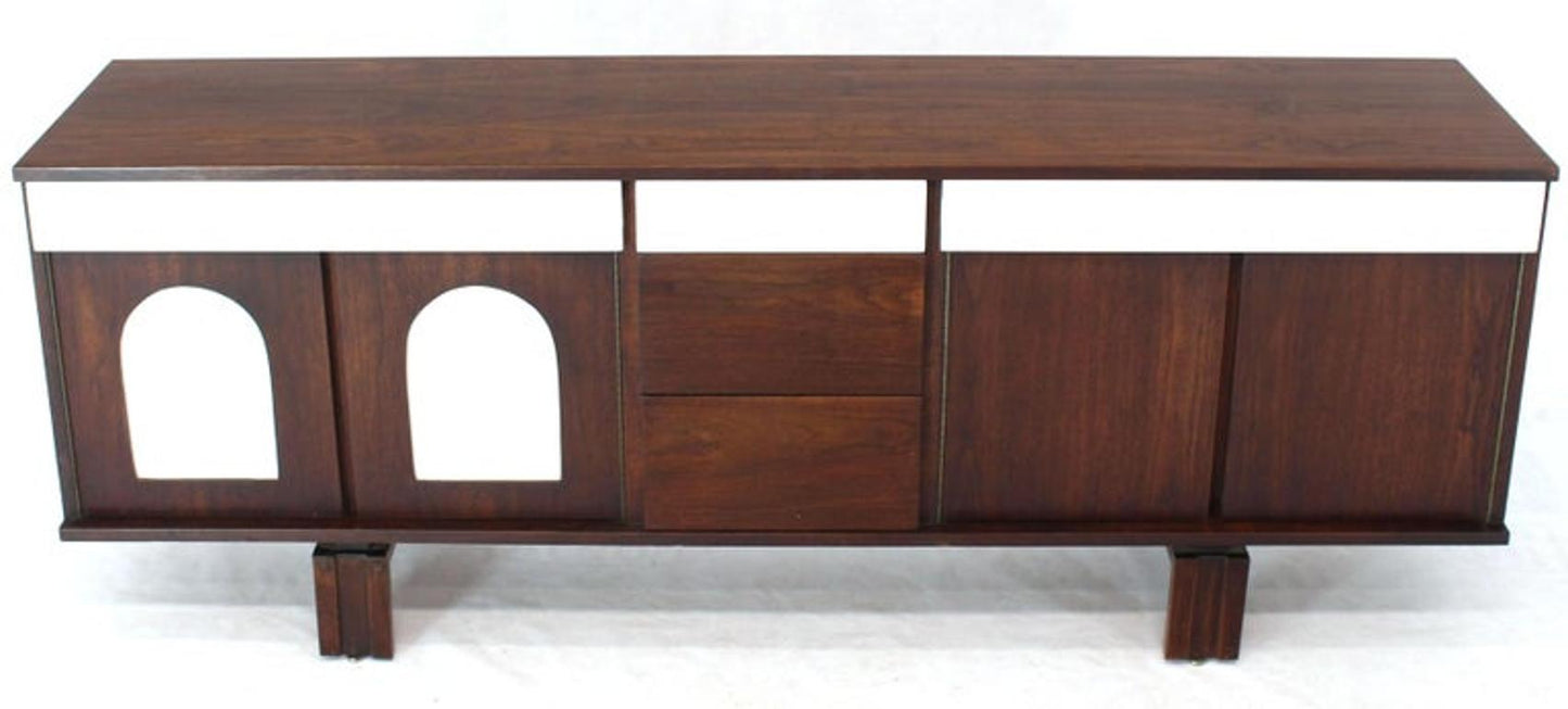 Two-Tone White Lacquer Oiled Walnut Low Long Credenza Dresser Cabinet