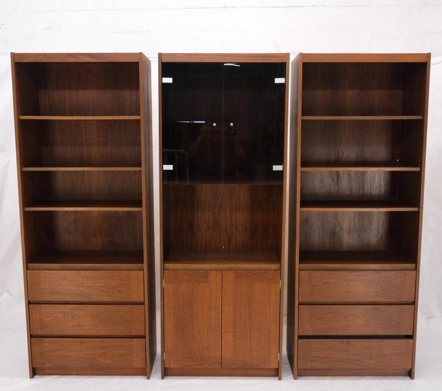 3 Bay Mid-Mentury Modern Walnut Glass Doors Bookcase Wall Unit Curio Cabinet