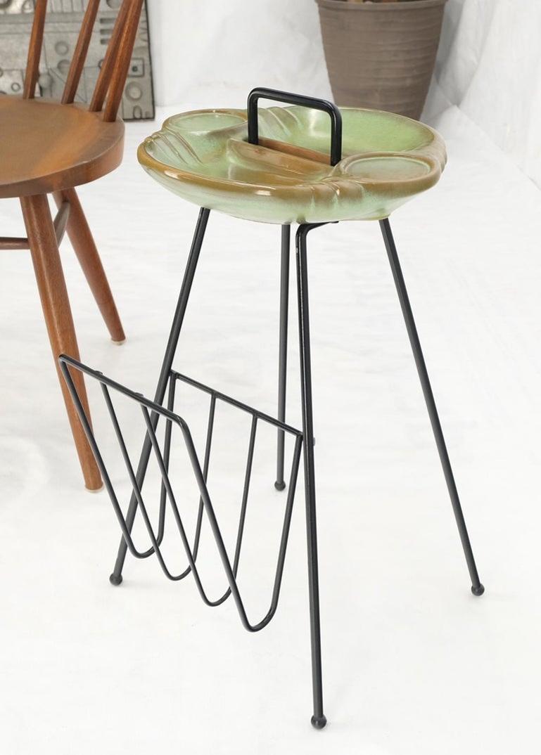 Mid-Century Modern Ceramic Ashtray on Wire Legs Magazine Rack Stand
