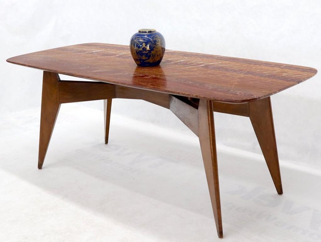 Rouge Boat Shape Marble Top Dining Table on Compass Shape Solid Walnut Legs
