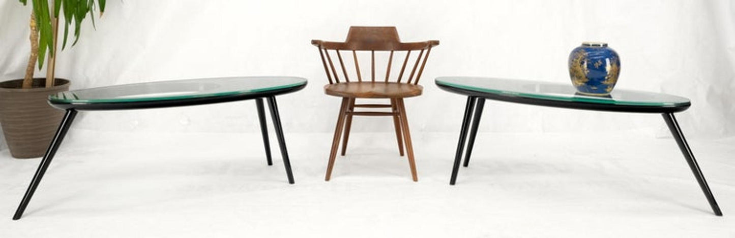 Pair Glass Top Black Lacquer Oval Pierced Shape Solid Tops End Side Tables Stand