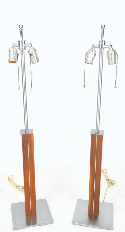 Pair Walter Von Nessen for Nessen Studios Walnut Inlaid Chrome Tower Table Lamp