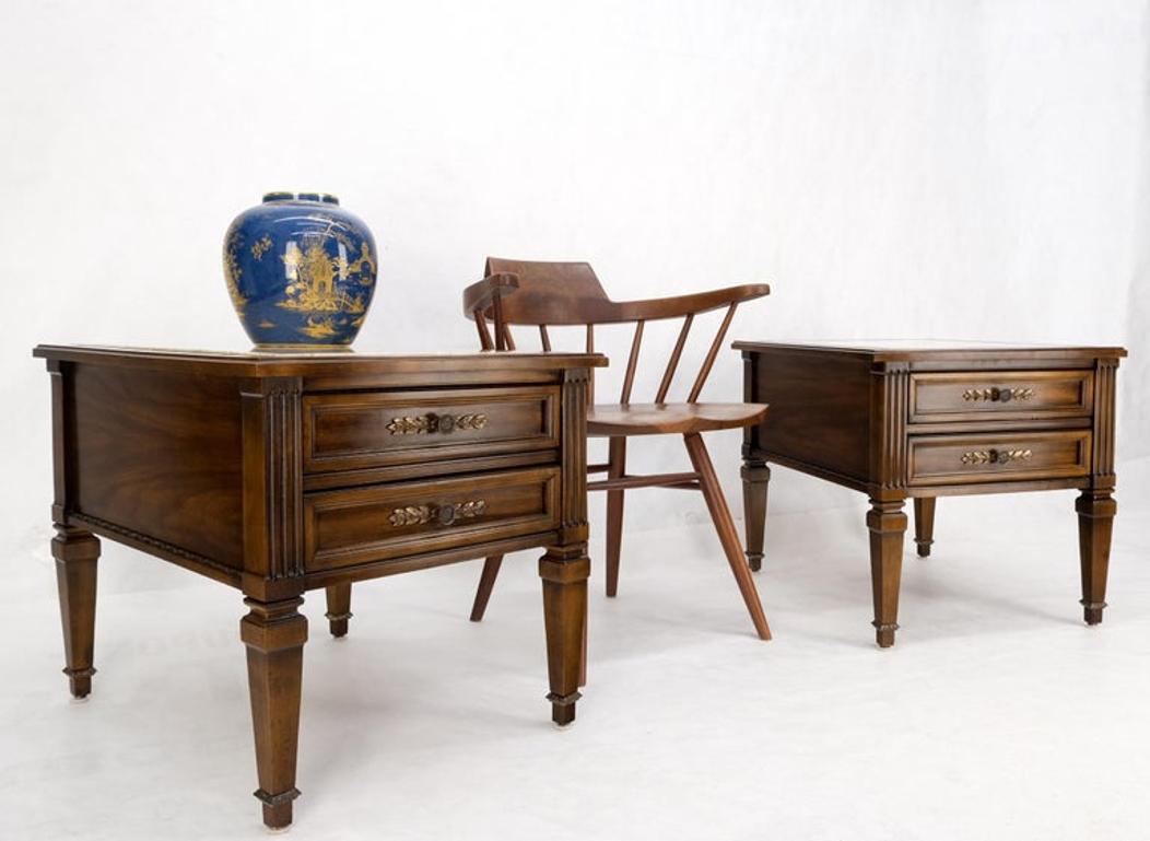 Pair Vintage Travertine Tops Cherry or Walnut Two Drawers End Tables Nightstands