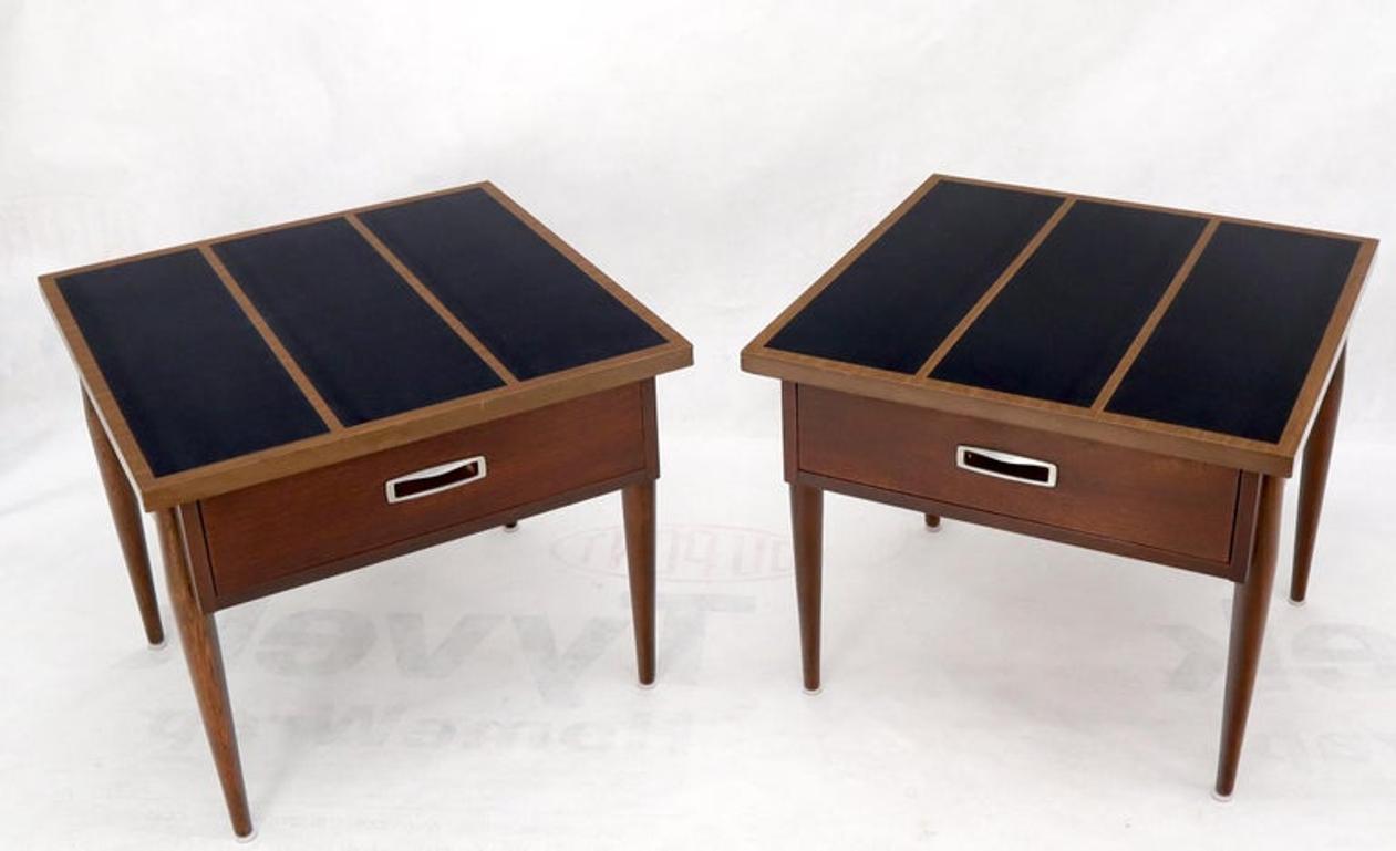 Pair of Walnut One-Drawer Side End Tables with Laminated Tops Tapered Legs