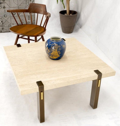 Solid Bronze Base Thick Square Solid Travertine Top Coffee Center Table Mint!