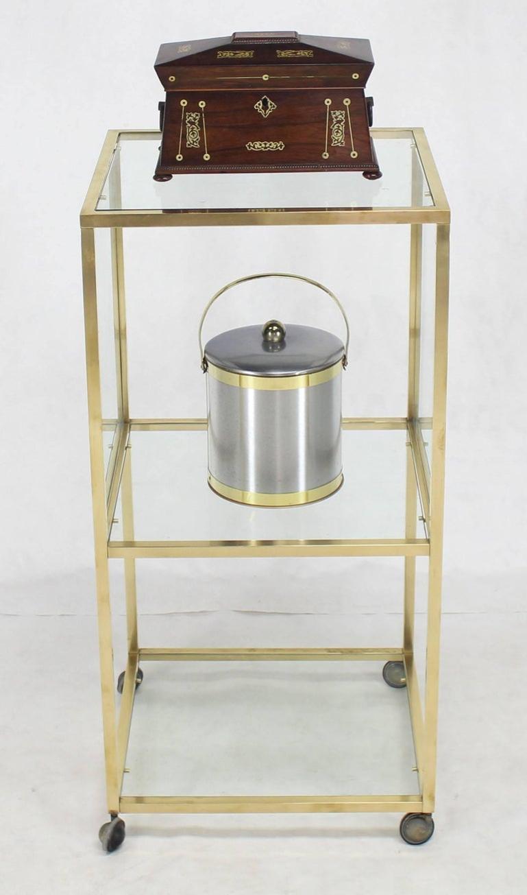 Brass Square Profile Glass Three-Tier Cube Shape Cart Wheels Display Cabinet