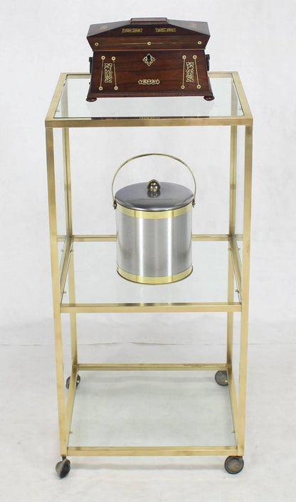 Brass Square Profile Glass Three-Tier Cube Shape Cart Wheels Display Cabinet
