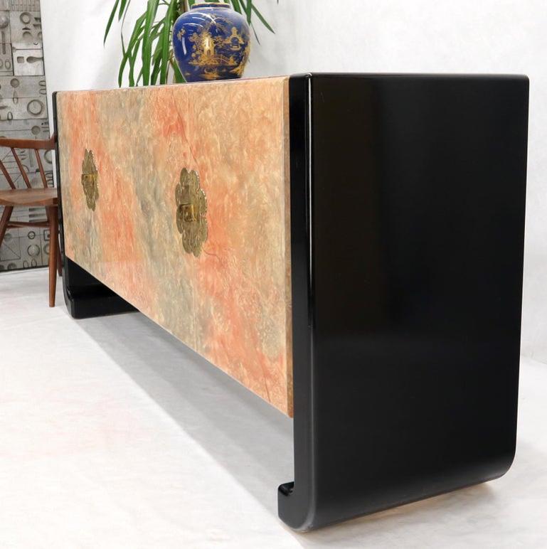 Four Doors Black Lacquer Faux Finish Brass Hardware Pull Credenza Dresser Server