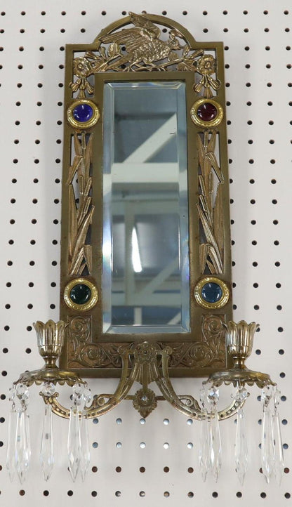 Antique Brass 2 Candle Mirror Jewel Decorated Wall Sconce 16 Prisms, circa 1875