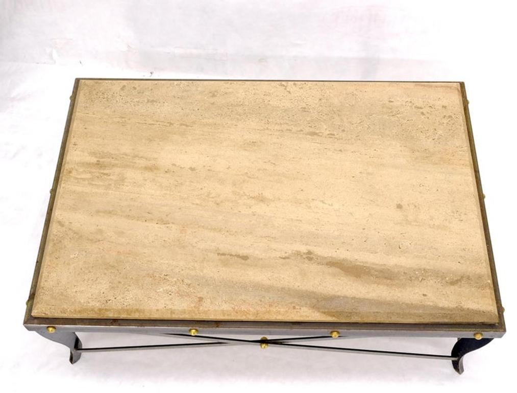 Steel Metal Forged X Base Travertine Top Rectangle Coffee Table w/ Brass Studs