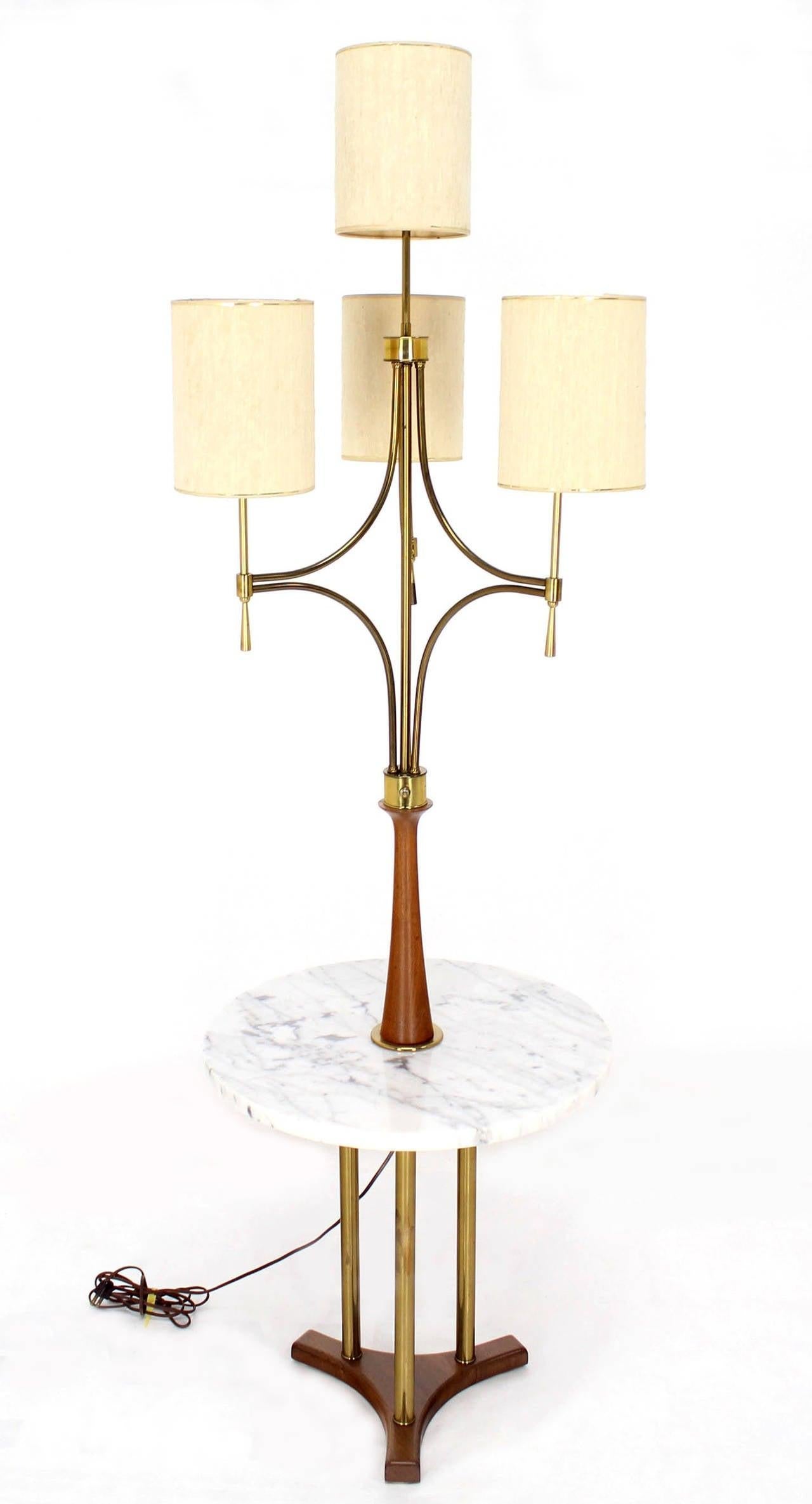 Mid Century Modern Walnut Brass Floor Lamp Round Marble Top Side Table Torchere