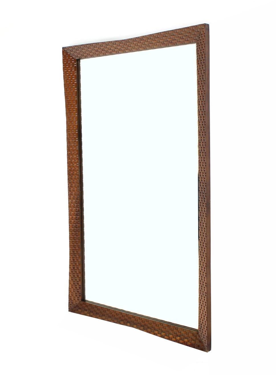 1970s Carved Walnut Lattice Basket Weave Pattern Large Rectangle Wall Mirror