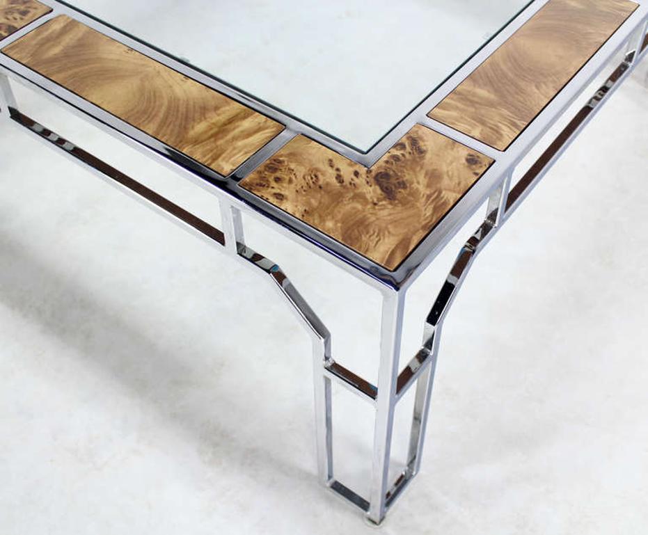 Mid Century Modern Chrome Glass Top Square Coffee Table w Burl Wood Inserts MINT