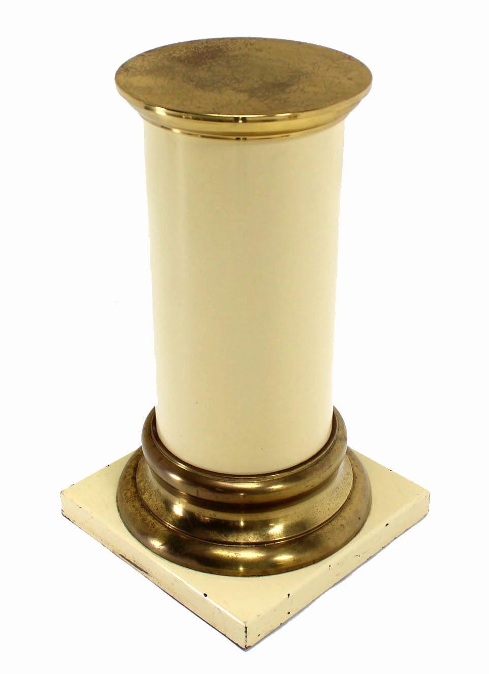 EstablishedLines Pair Brass and White Beige Lacquered Wood Round Pedestals Table Bases Stands