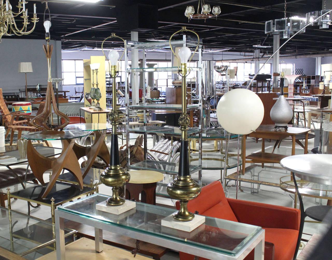 EstablishedLines Pair Mid Century Modern Stiffel Brass Finial Shape Table Lamps Marble Bases MINT