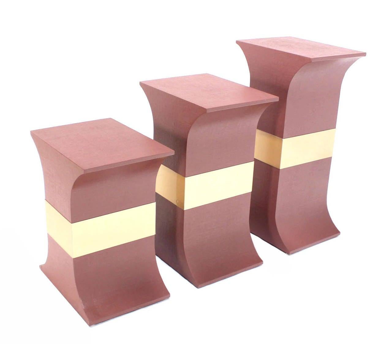 EstablishedLines Grasscloth Wrapped Three Mid Century Modern Pink Lacquer Brass Trim Pedestals