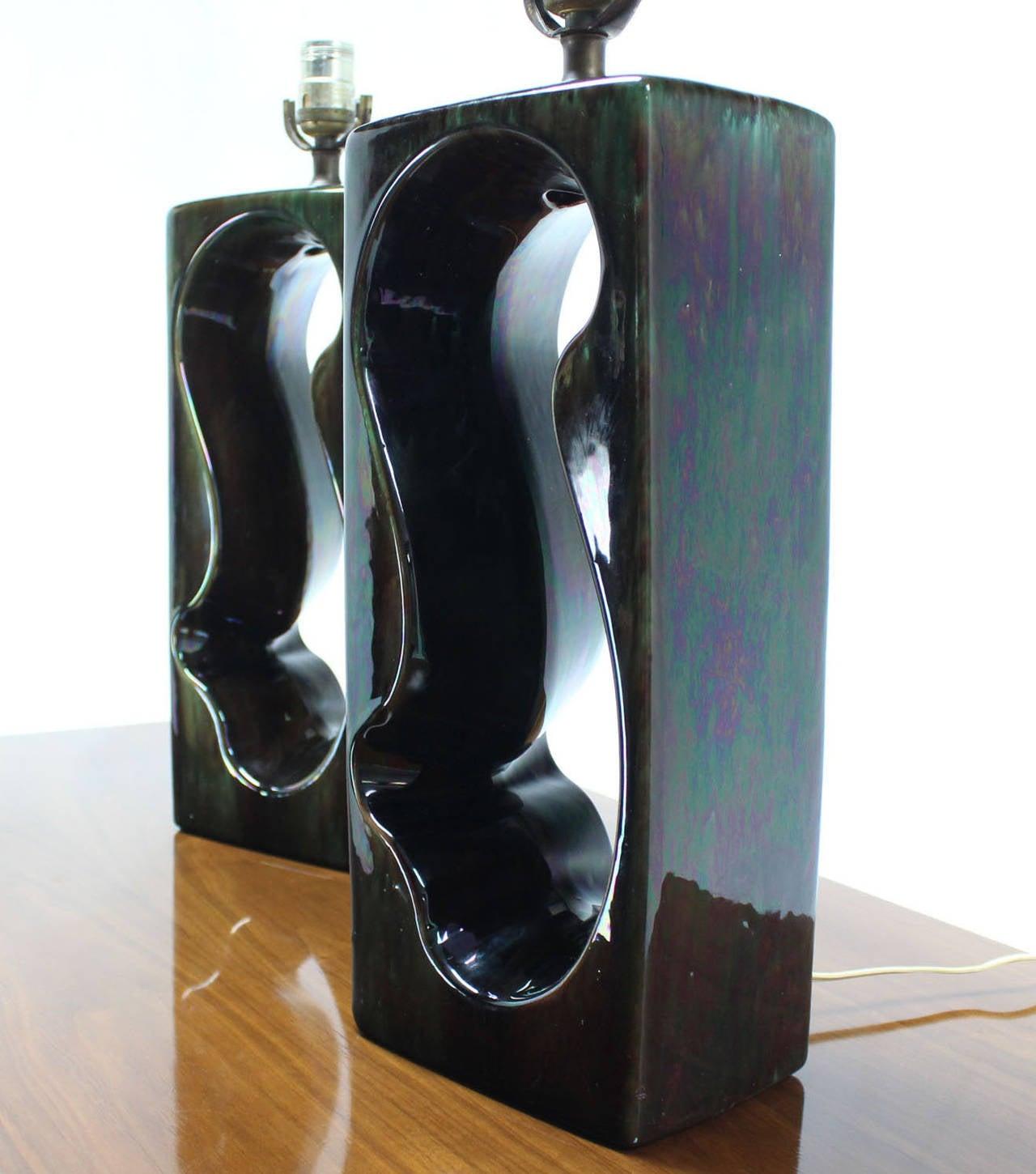 EstablishedLines Pierced Cube Shape Glazed to High Gloss Pottery Table Lamps MINT!