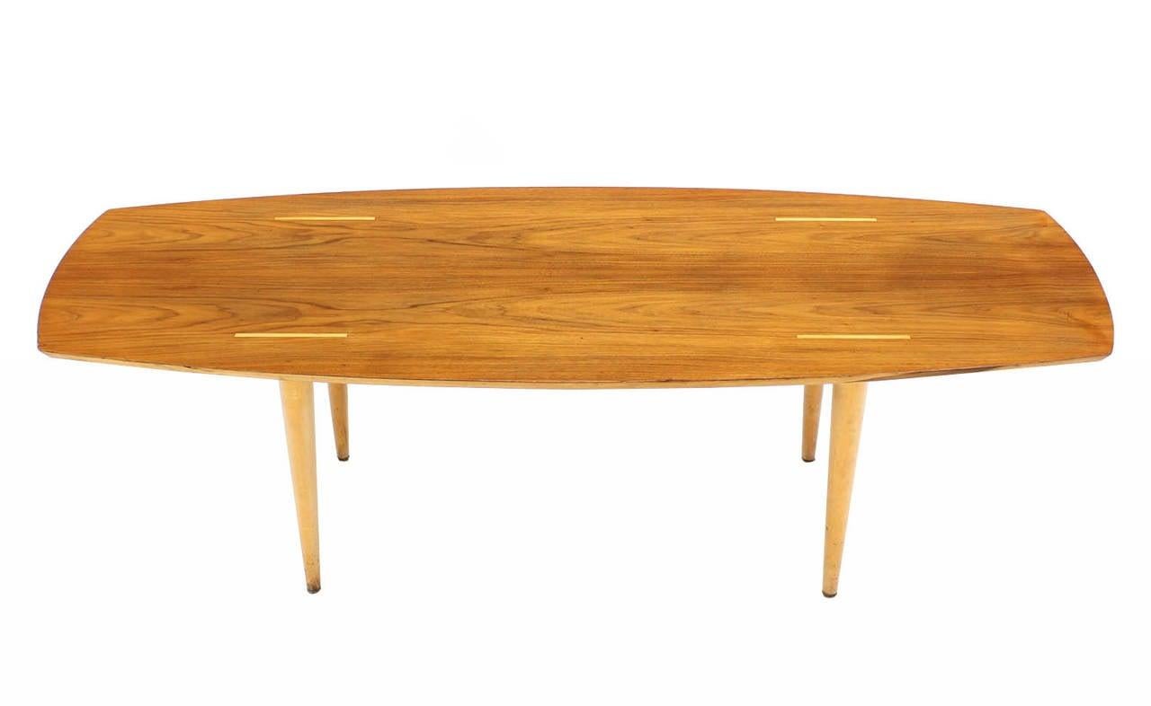 Boat Shape Light Walnut Tapered Birch Exposed Leg Tenon Coffee Table Mid Century