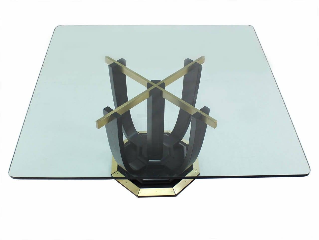Large Square Glass Top Black Lacquer Brass Base Dining Conference Table MINT