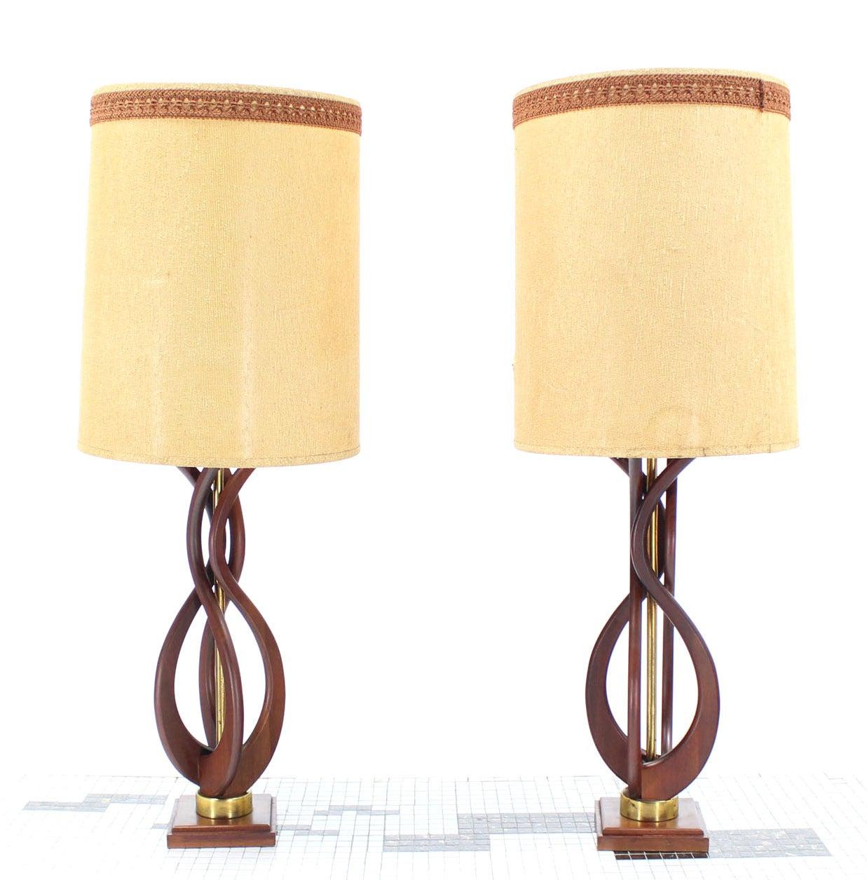 EstablishedLines Pair of Mid Century Modern Sculptural Flame Motive Oiled Walnut Table Lamps MINT