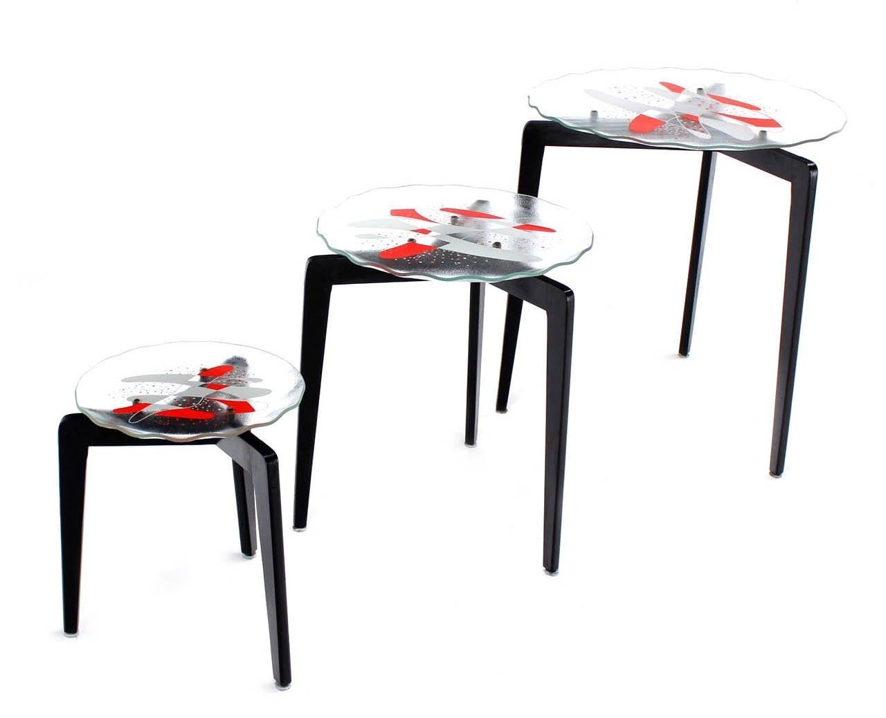 EstablishedLines Art Glass Scallop Edge Bowl Tray Top Tapered Leg Stackable Nesting Side Table