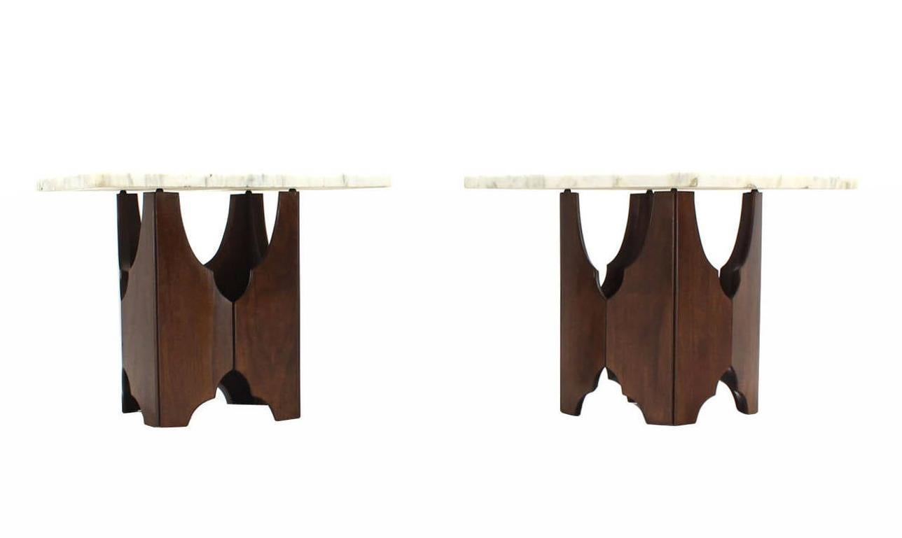 EstablishedLines Pair of Mid-Century Modern Walnut Base Square Marble Top End Side Tables MINT