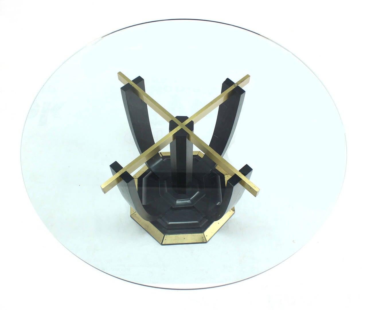 EstablishedLines Large Round Glass Top Figural Black Lacquer Bent Wood Brass Base Dining Table