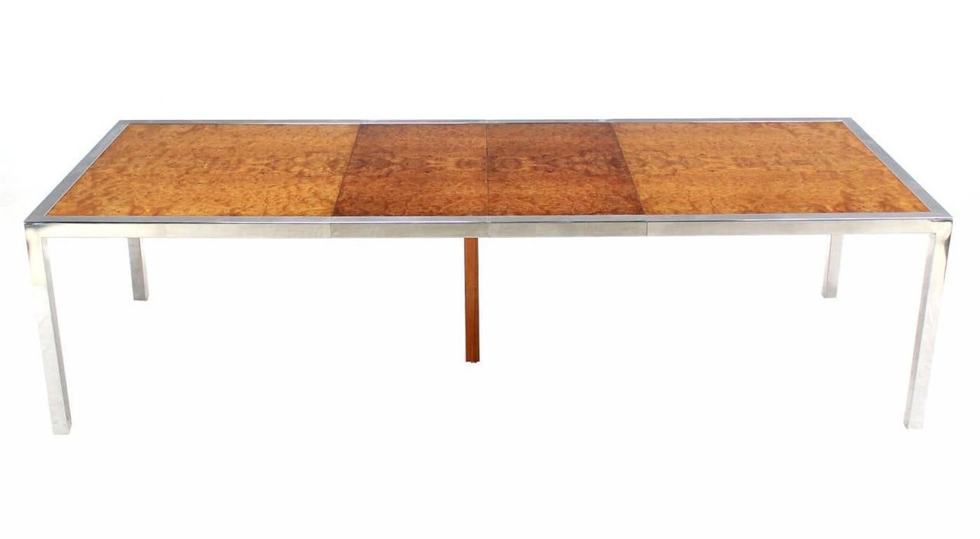 EstablishedLines Stainless Steel Chrome Base Amber Burl Wood Dining Conference Table Two Leaves