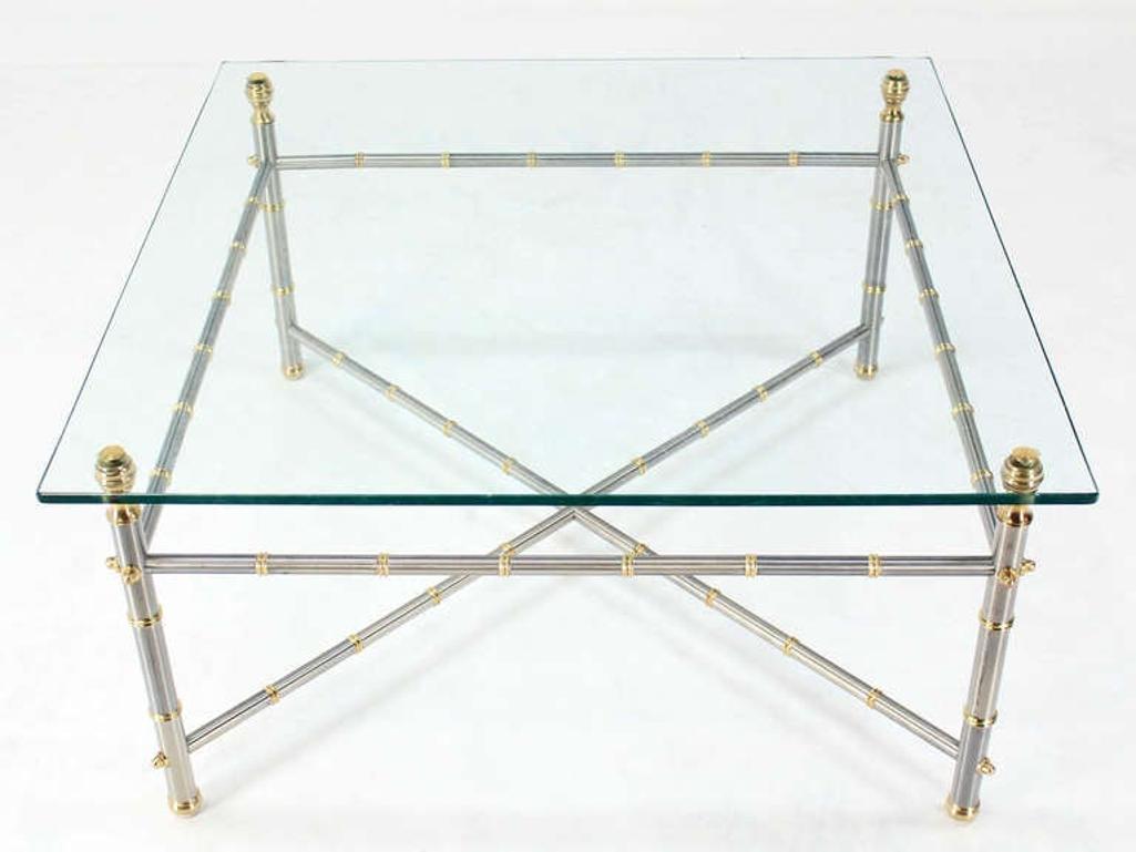 EstablishedLines Very Fine Metal Faux Bamboo Chrome Brass Base Glass Top Square Coffee Table