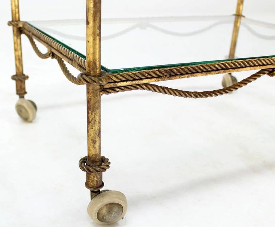EstablishedLines Midcentury Italian Gold Gilt Metal Rope and Tassels Glass Top Bar Tea Cart Wheel