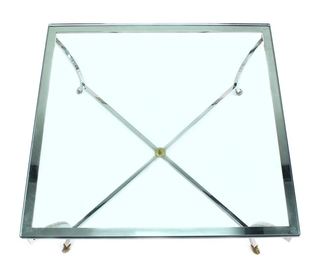 EstablishedLines Italian 3/4" Glass Top Square Coffee Table Chrome Brass Hoof Feet Base MINT!