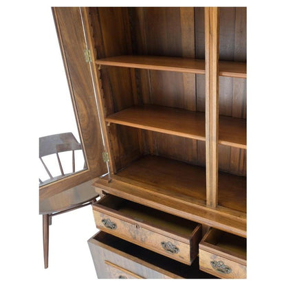 Burl Walnut Adjustable Shelves Two Doors One Drawer Antique Bookcase Cabinet