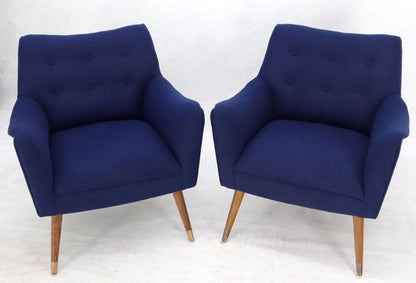 Pair of Navy Blue Mid-Century Modern Lounge Arm Chairs on Tapered Dowel Legs