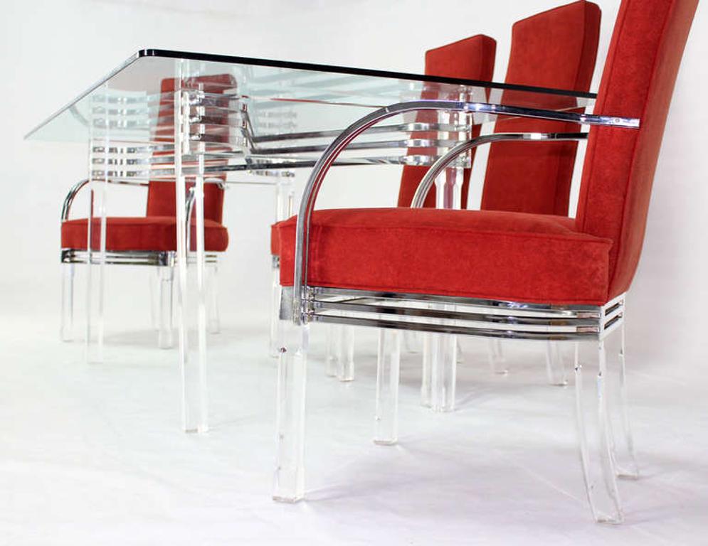 Mid Century Modern Set of Six Dining Chairs and Table in Lucite Chrome Glass