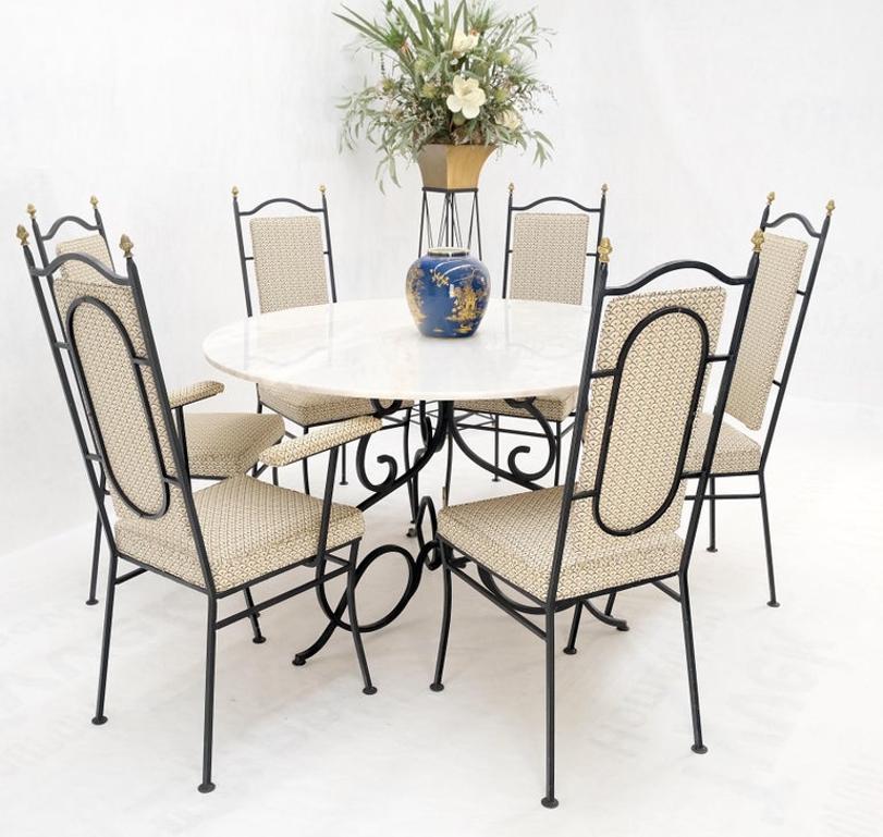 Wrough Iron Round White Marble Top Dining Table 6 Chairs w/ Brass Finials Set