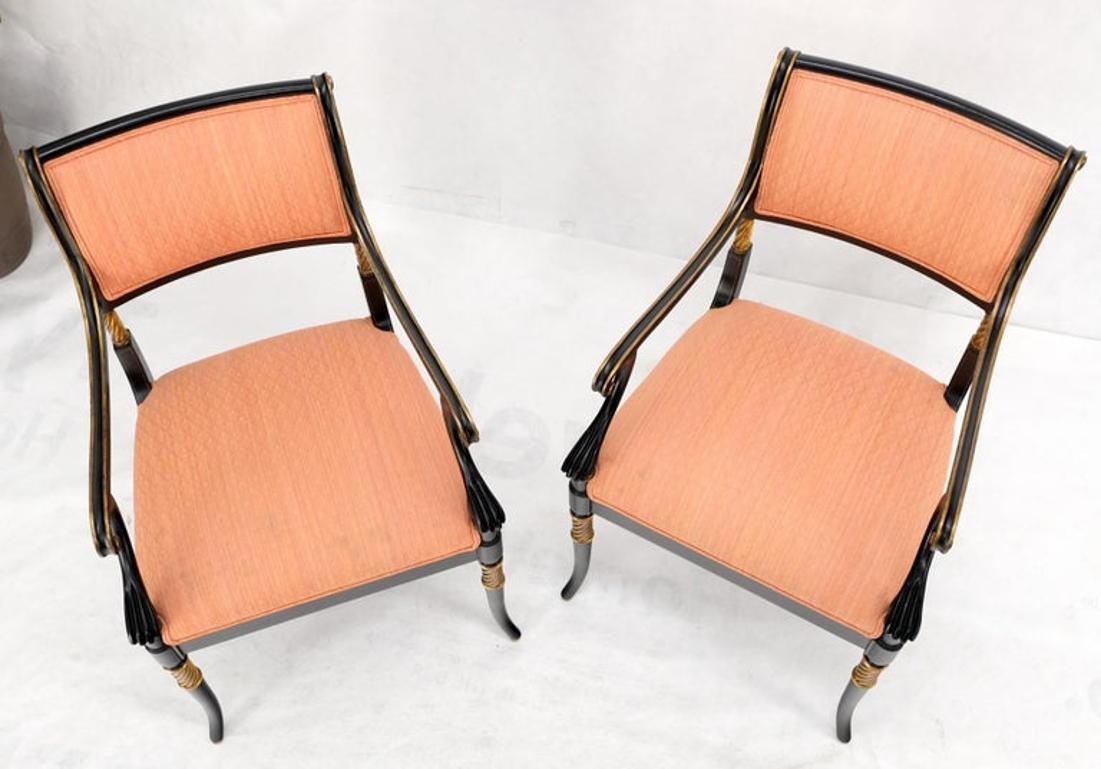 Pair Regency Ebonized Gilt Craved Fireside Dining Arm Chairs Horn Shape Leg