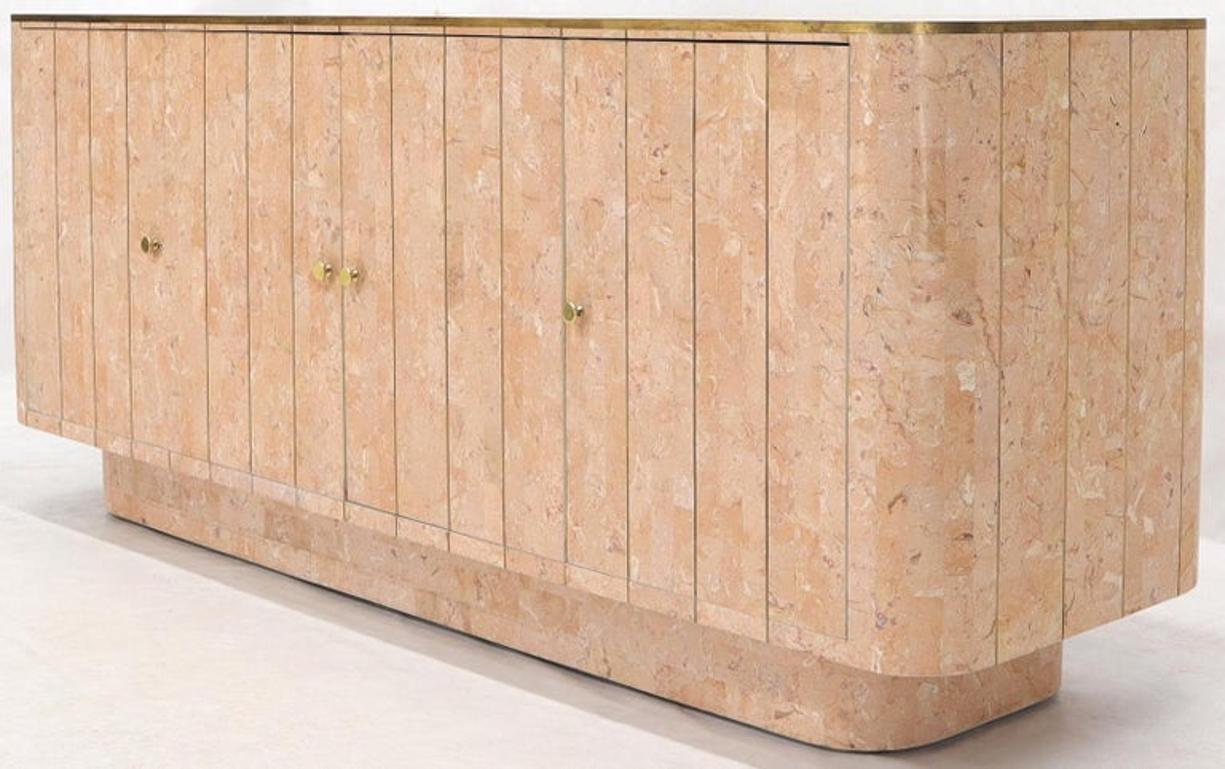 Rounded Corners Tessellated Stone Brass Inlay 4 Doors Credenza Cabinet