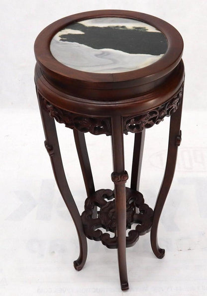 Chinese Carved Dark Rosewood Marble Top Round Stand