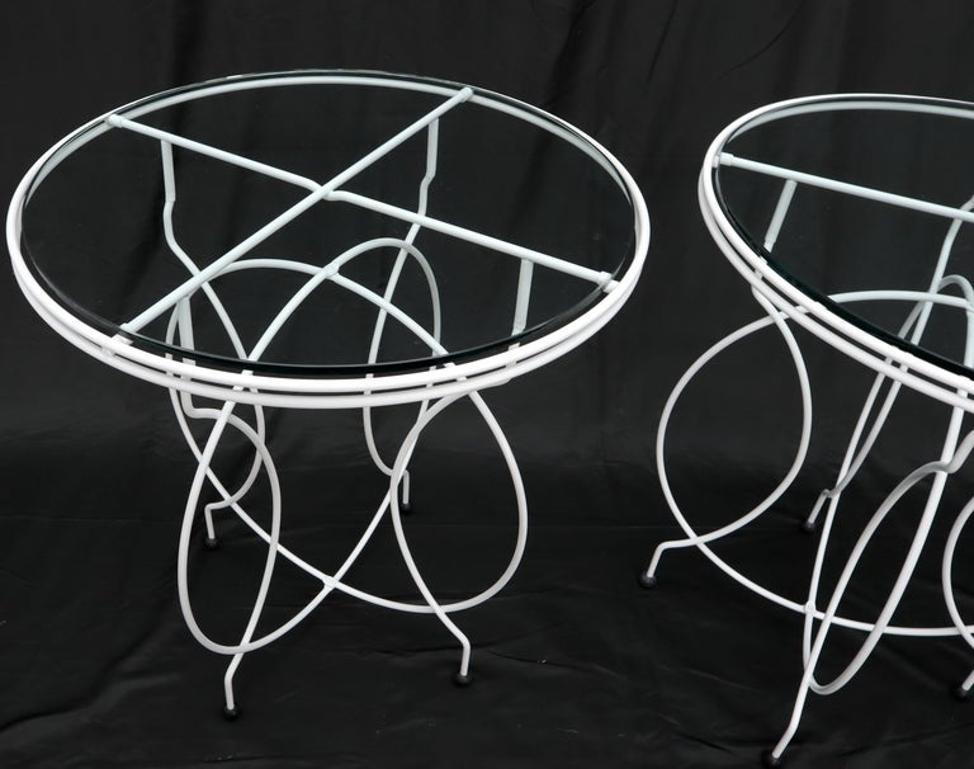Pair of Midcentury Ice Cream Style Round Folding Cafe Tables Glass Tops