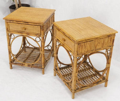 Pair of Bamboo Rattan One Drawer Cane Woven Top Side End Table Nightstands