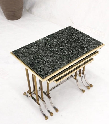 Set of 3 Very Fine Metal Work Brass Chrome Marble Top Nesting Side End Tables