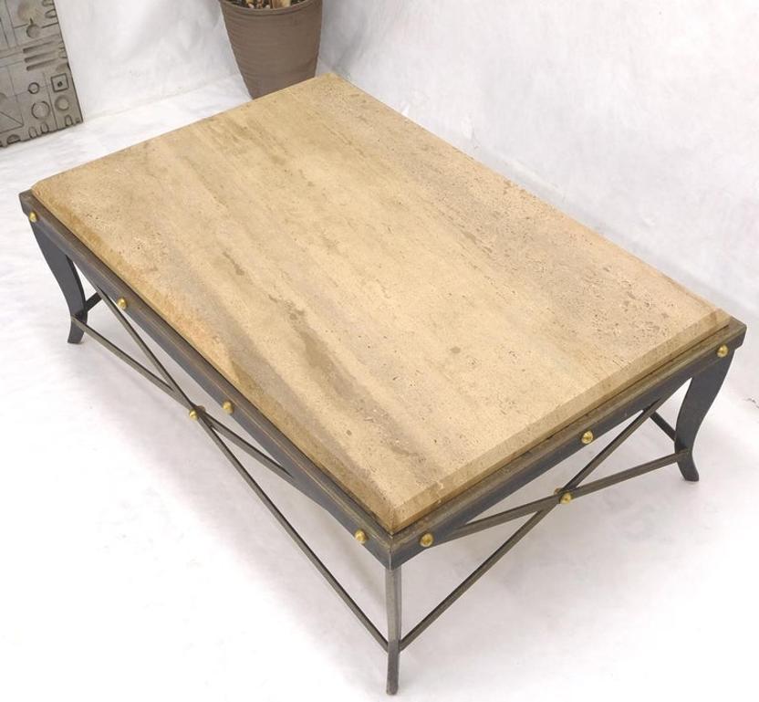 Steel Metal Forged X Base Travertine Top Rectangle Coffee Table w/ Brass Studs