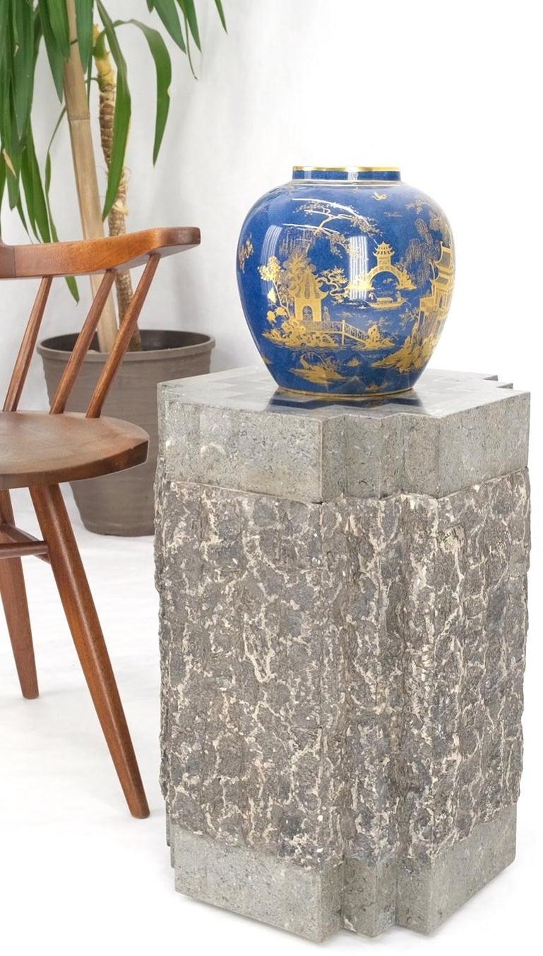 Tessellated Stone Brass Inlay Square Pedestal Stand End Table Black & Grey Mint
