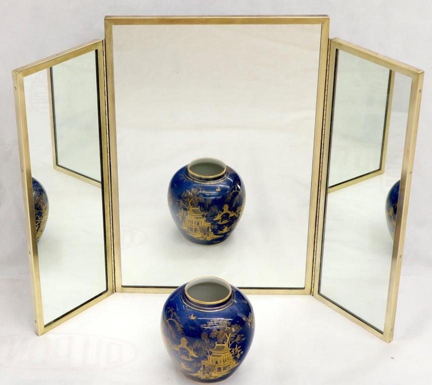 Trifold Brass Wall or Freestanding Dresser Top Mirror