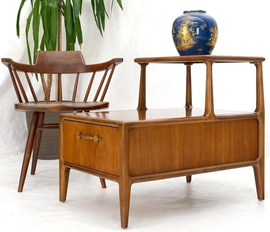 Henredon Solid Walnut Sculptural Two Tier One Drawer Step Side Table