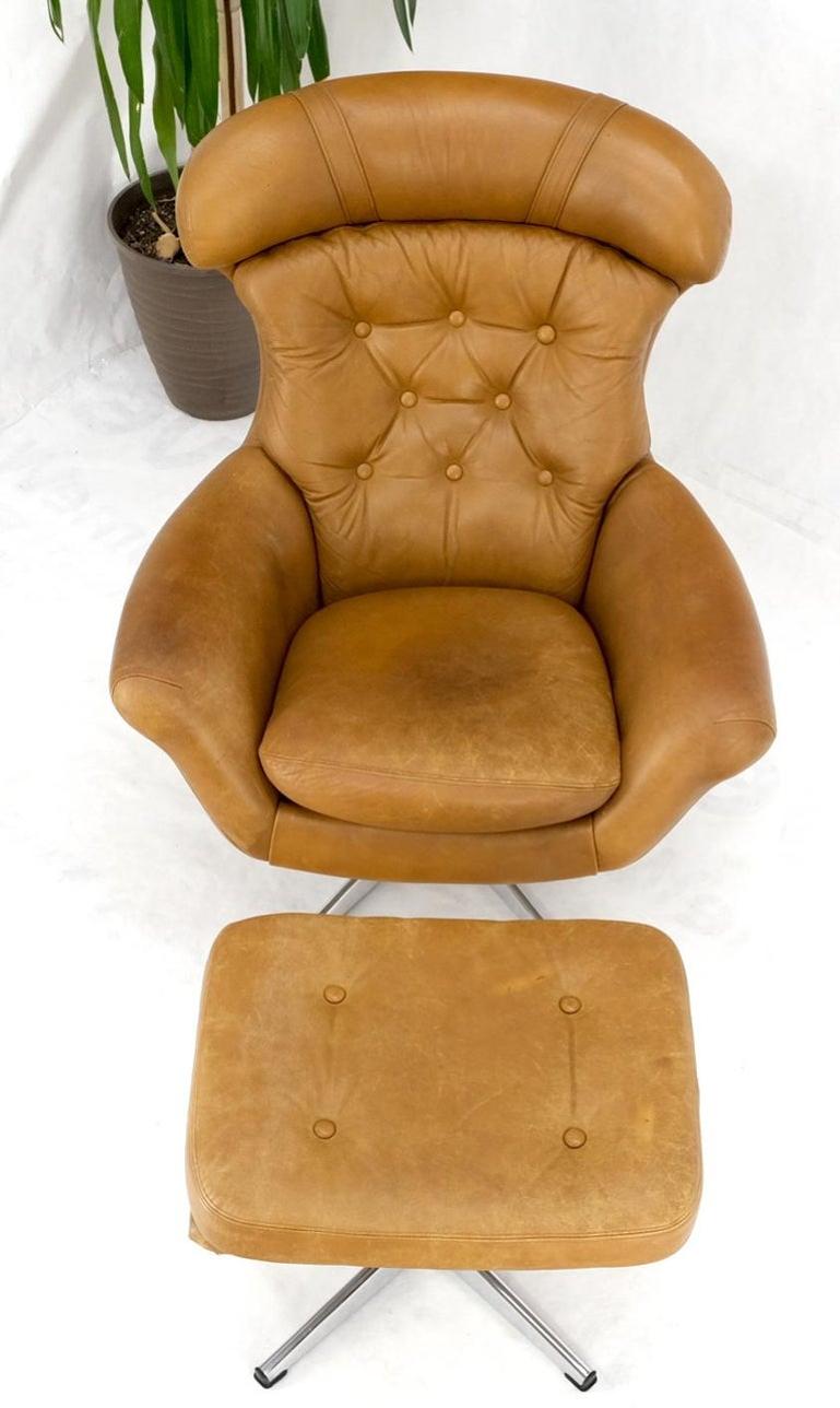 Mid-Century Modern Tan Leather Egg Style Wide Back Lounge Chair & Ottoman