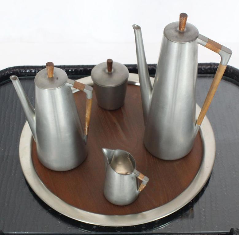 Five Pieces Mid-Century Modern Tea Coffee Set by Royal Holland Pewter Teak