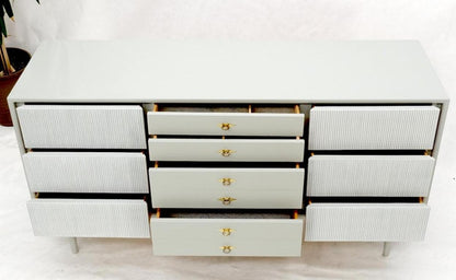 Two Tone Light Grey & White Fluted Drawer Fronts Brass Stretchers Long Dresser