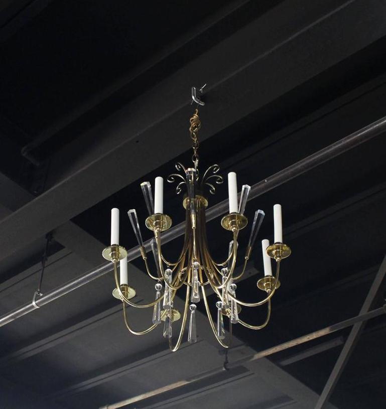 Brass and Lucite Mid-Century Modern Light Fixture Chandelier