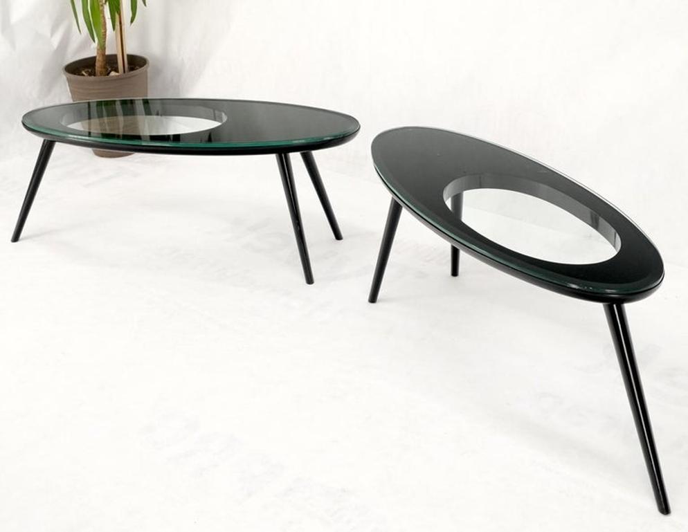 Pair Glass Top Black Lacquer Oval Pierced Shape Solid Tops End Side Tables Stand